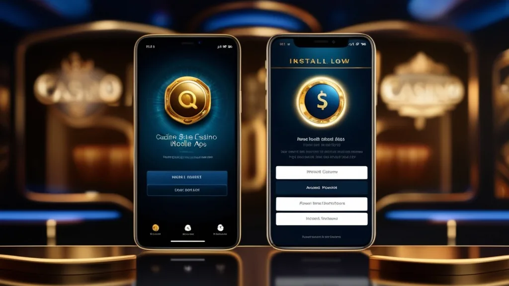 Smartphone mit Installationshinweis für Android und iPhone in dunkler Casino-Optik