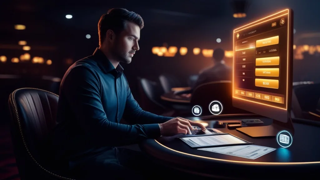 Dunkle Casino-Szene mit Auszahlungsanzeige und Prüfungsdokumenten