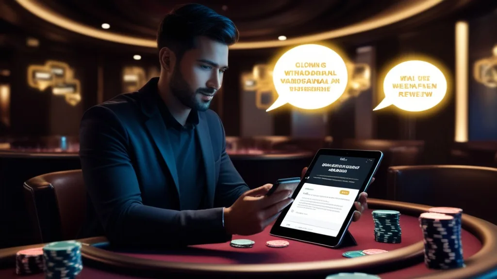 Spieler liest Auszahlungserfahrungen an einem beleuchteten Casinotisch